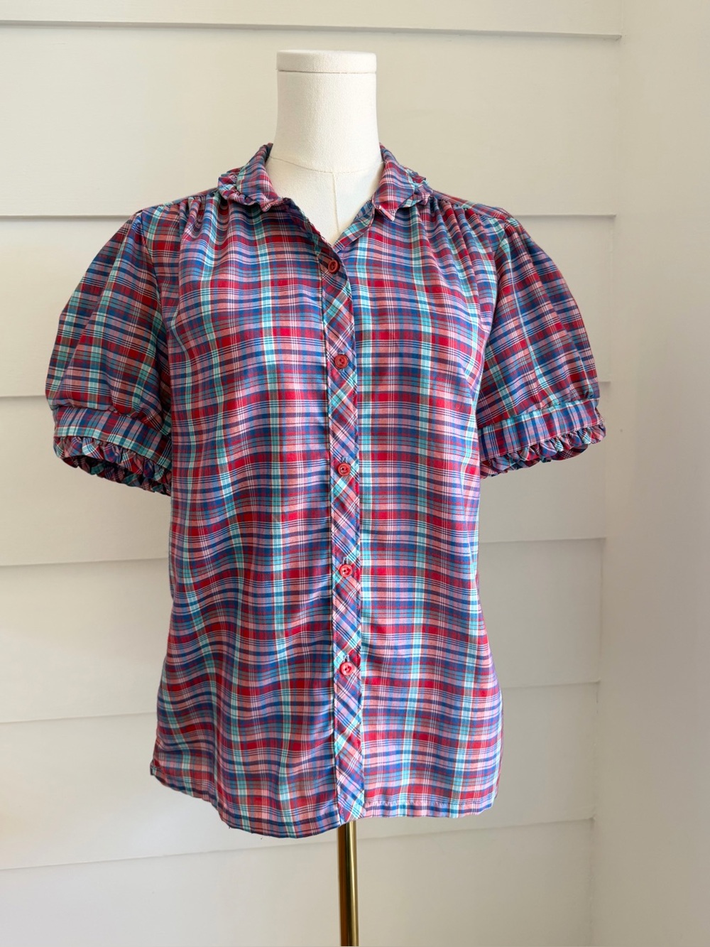Vintage Sears Plaid Puff Sleeve Blouse CottageCore size S/M